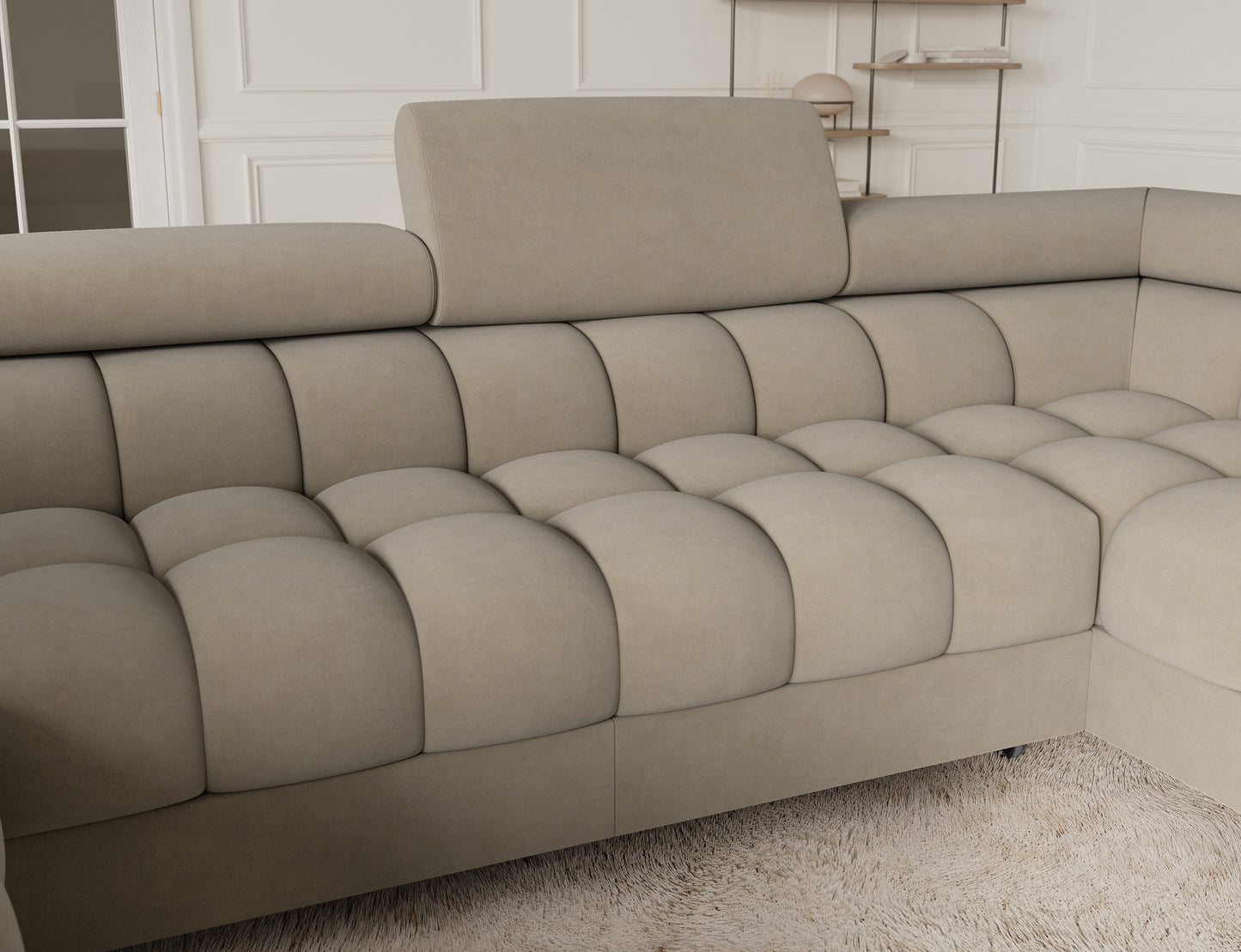 Narożnik Fectory prawy Aura 18 kremowy – widok na siedzisko z pikowaniem, wyjątkowa miękkość i komfortowe wsparcie