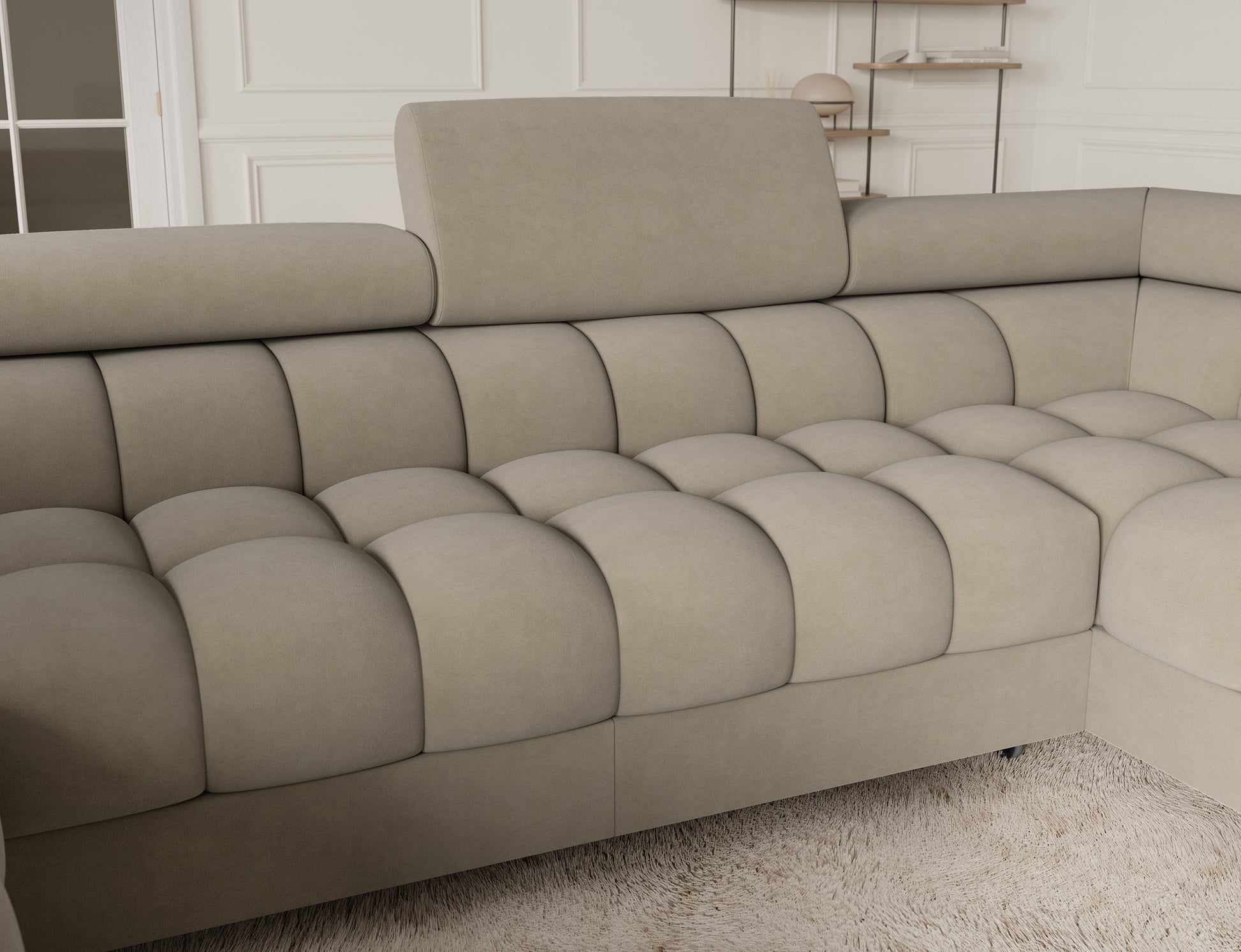 Narożnik Fectory prawy Aura 18 kremowy – widok na siedzisko z pikowaniem, wyjątkowa miękkość i komfortowe wsparcie