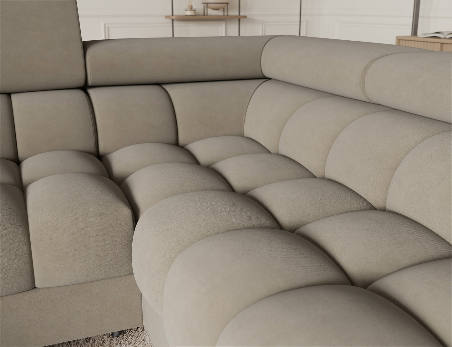 Narożnik Fectory prawy Aura 18 kremowy – detal siedziska z głębokim pikowaniem, elegancki wygląd, komfortowy wypoczynek w salonie