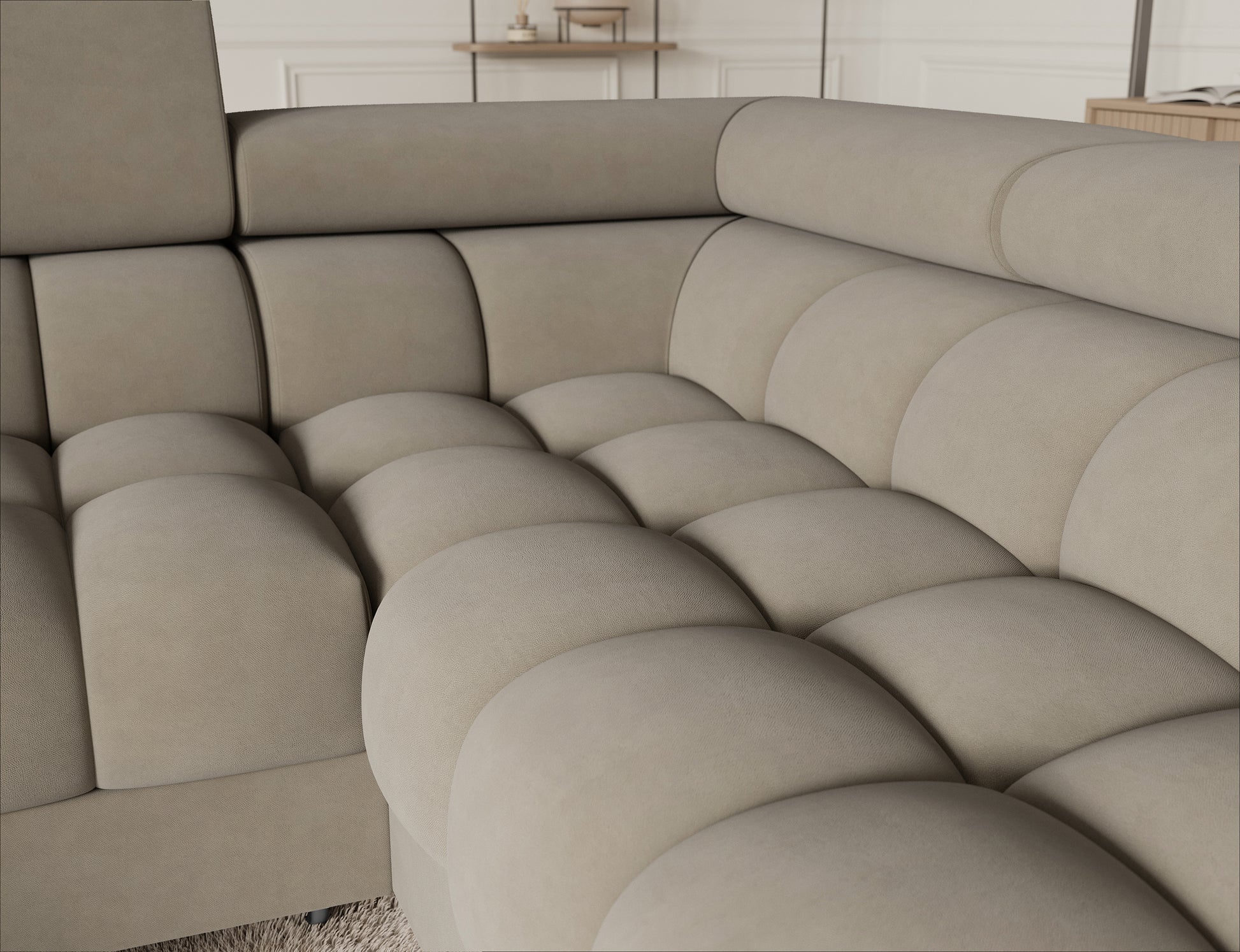 Narożnik Fectory prawy Aura 18 kremowy – detal siedziska z głębokim pikowaniem, elegancki wygląd, komfortowy wypoczynek w salonie