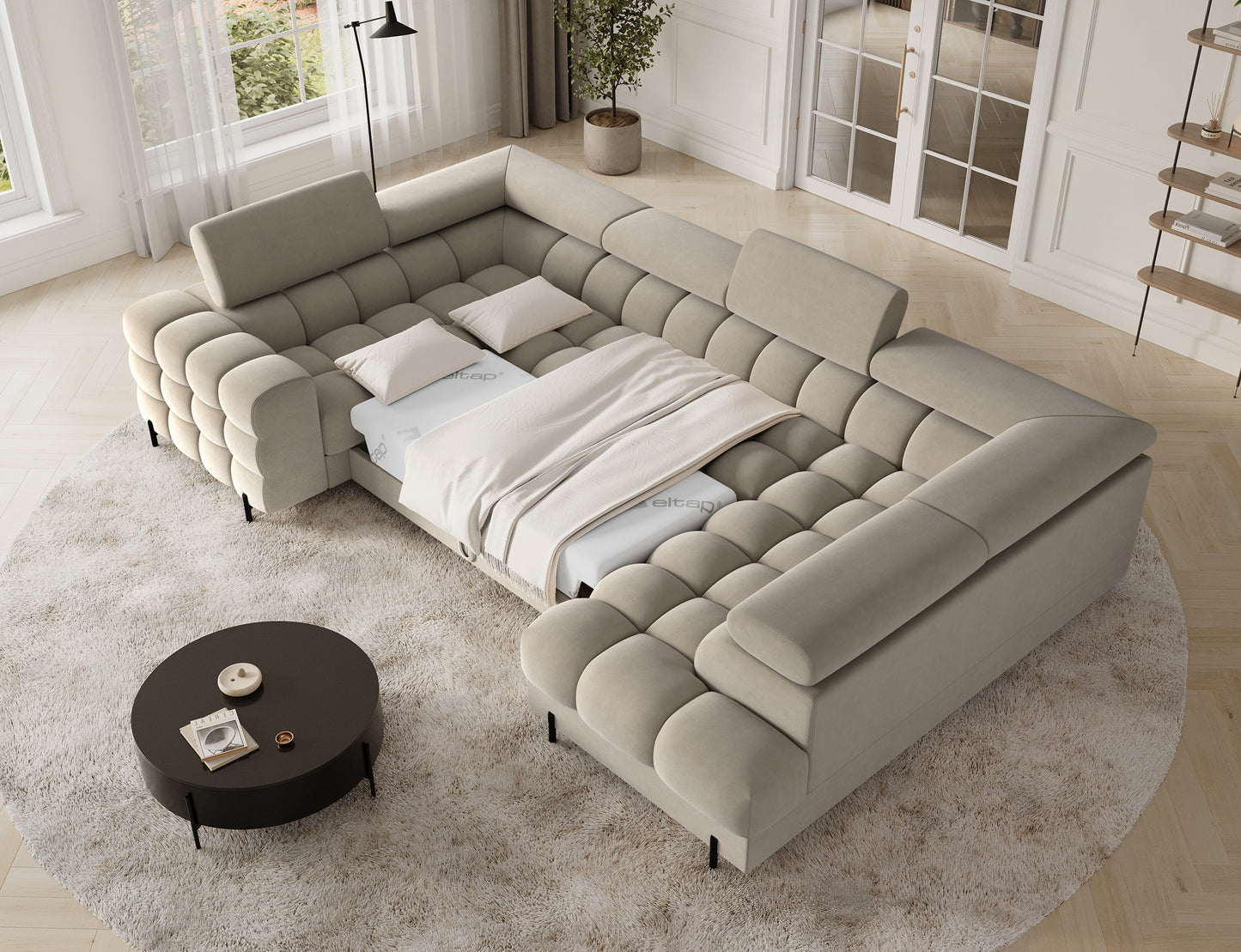 Narożnik Fectory prawy Aura 18 kremowy – rozłożona funkcja spania, pikowane siedziska, regulowane zagłówki, widok z góry w salonie