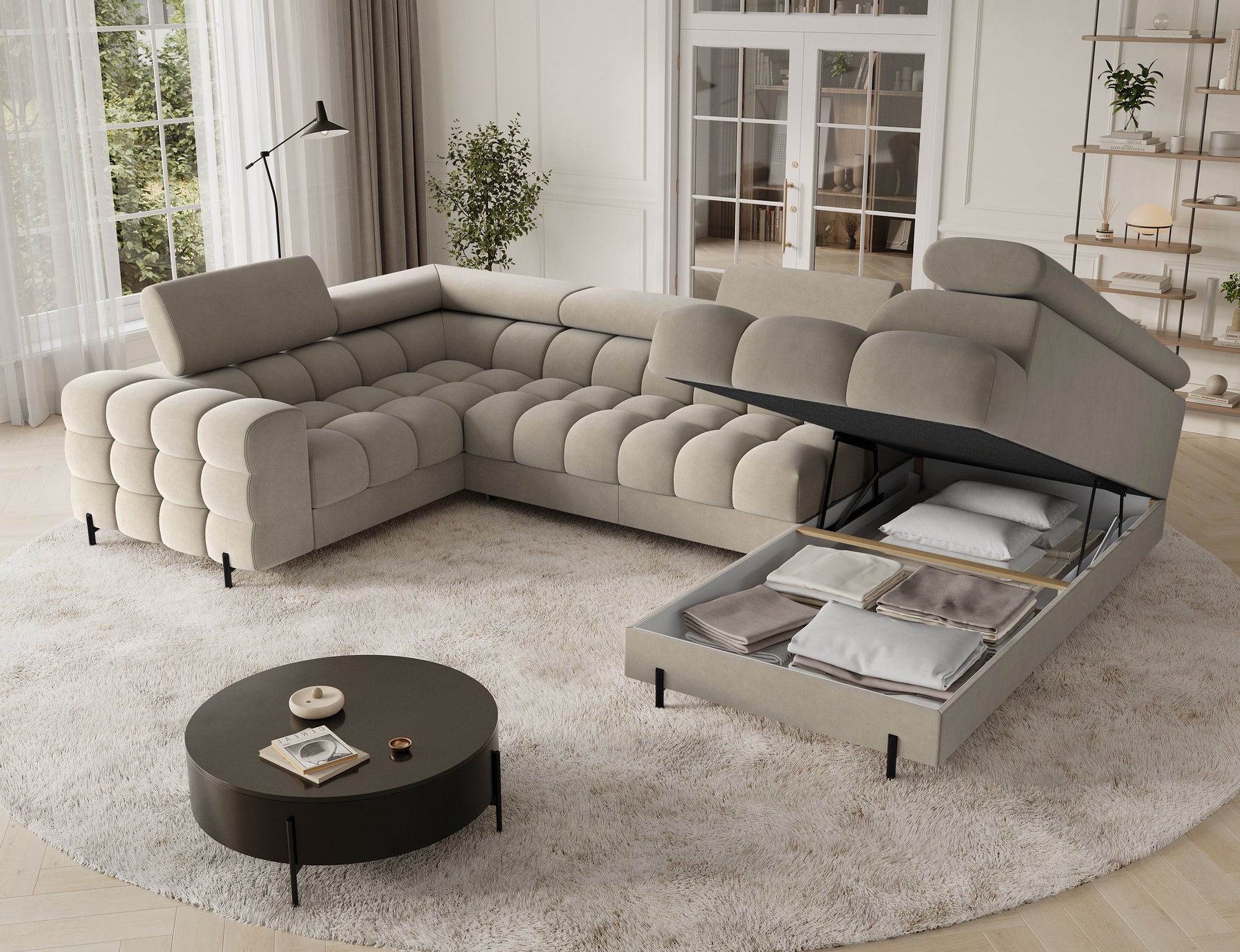 Narożnik Fectory prawy Aura 18 kremowy – pojemnik na pościel w szezlongu, pikowane siedziska, regulowane zagłówki, elegancki salon