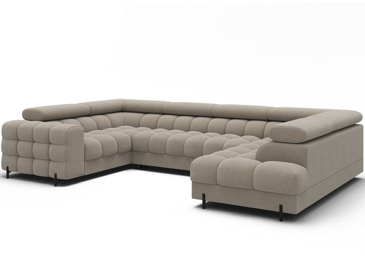 Narożnik Fectory prawy Aura 18 kremowy – U-kształtny, pikowane siedziska, regulowane zagłówki, czarne nogi, widok z perspektywy skośnej