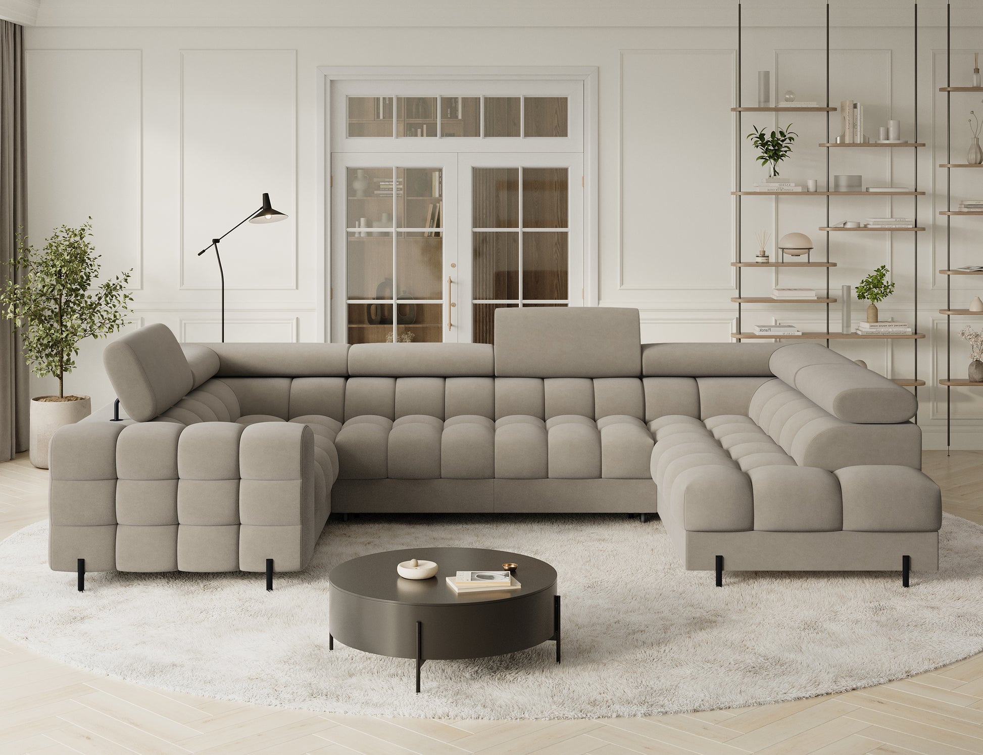 Narożnik Fectory prawy Aura 18 kremowy – widok frontalny, nowoczesny design z głębokim pikowaniem, regulowane zagłówki, eleganckie nogi