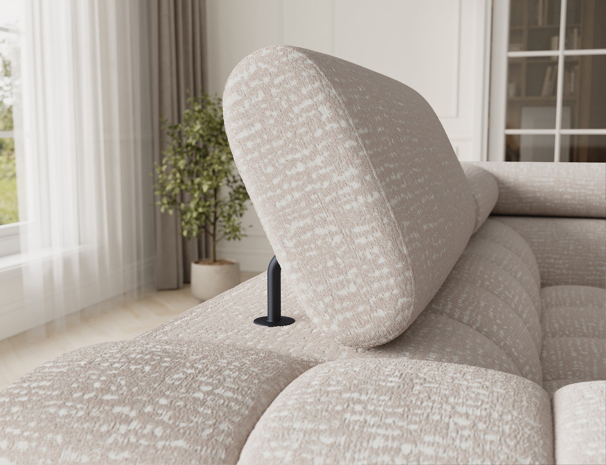 ELTAP narożnik Fectory prawy Baffix 20 beżowy – detal zagłówka: regulacja podparcia, komfort wypoczynku, oparcie w tym samym materiale