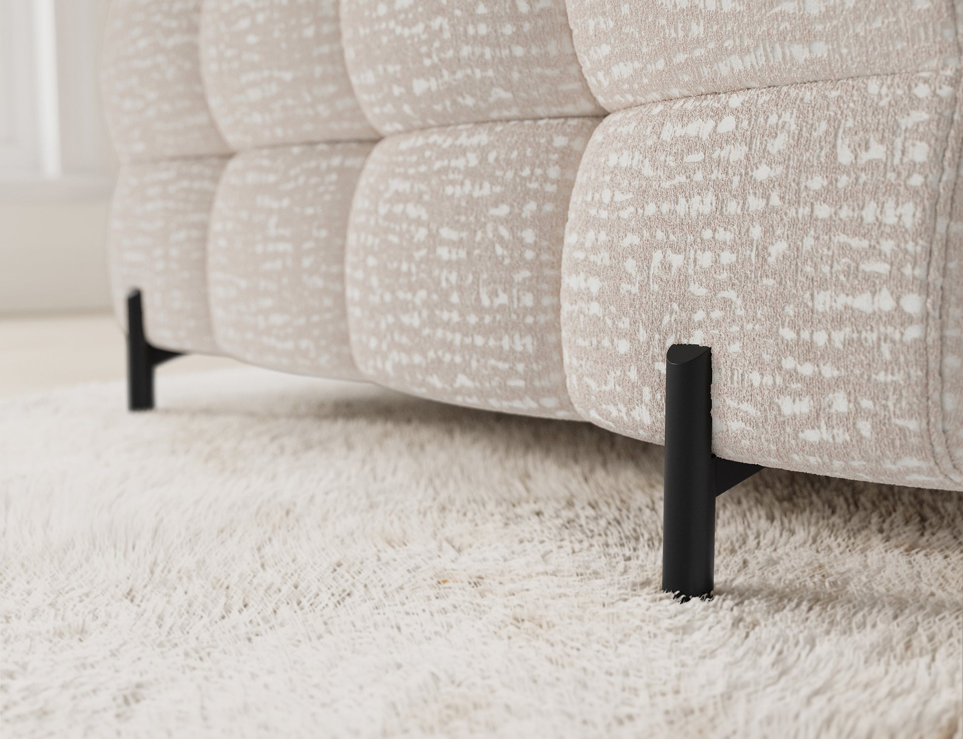 ELTAP narożnik Fectory prawy Baffix 20 beżowy – zbliżenie na czarne, smukłe nogi; stabilna podstawa, nowoczesny charakter i lekka forma