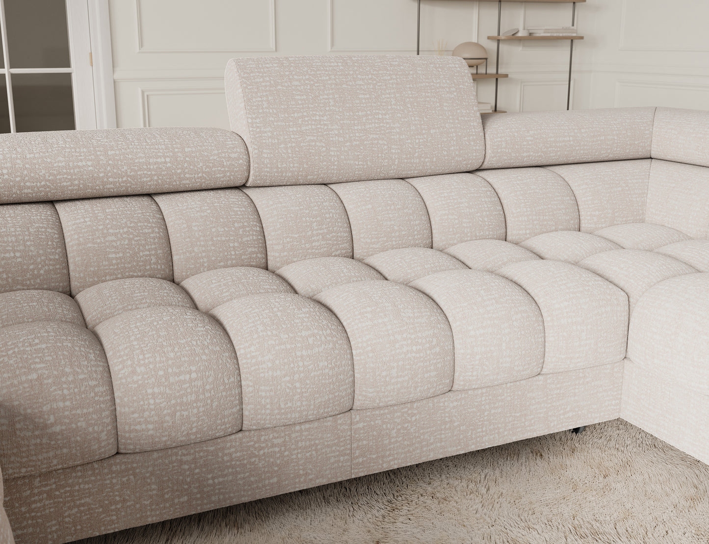 ELTAP narożnik Fectory prawy Baffix 20 beżowy – zbliżenie na siedzisko: miękkie kostkowe pikowanie i regulowany zagłówek dla wygody