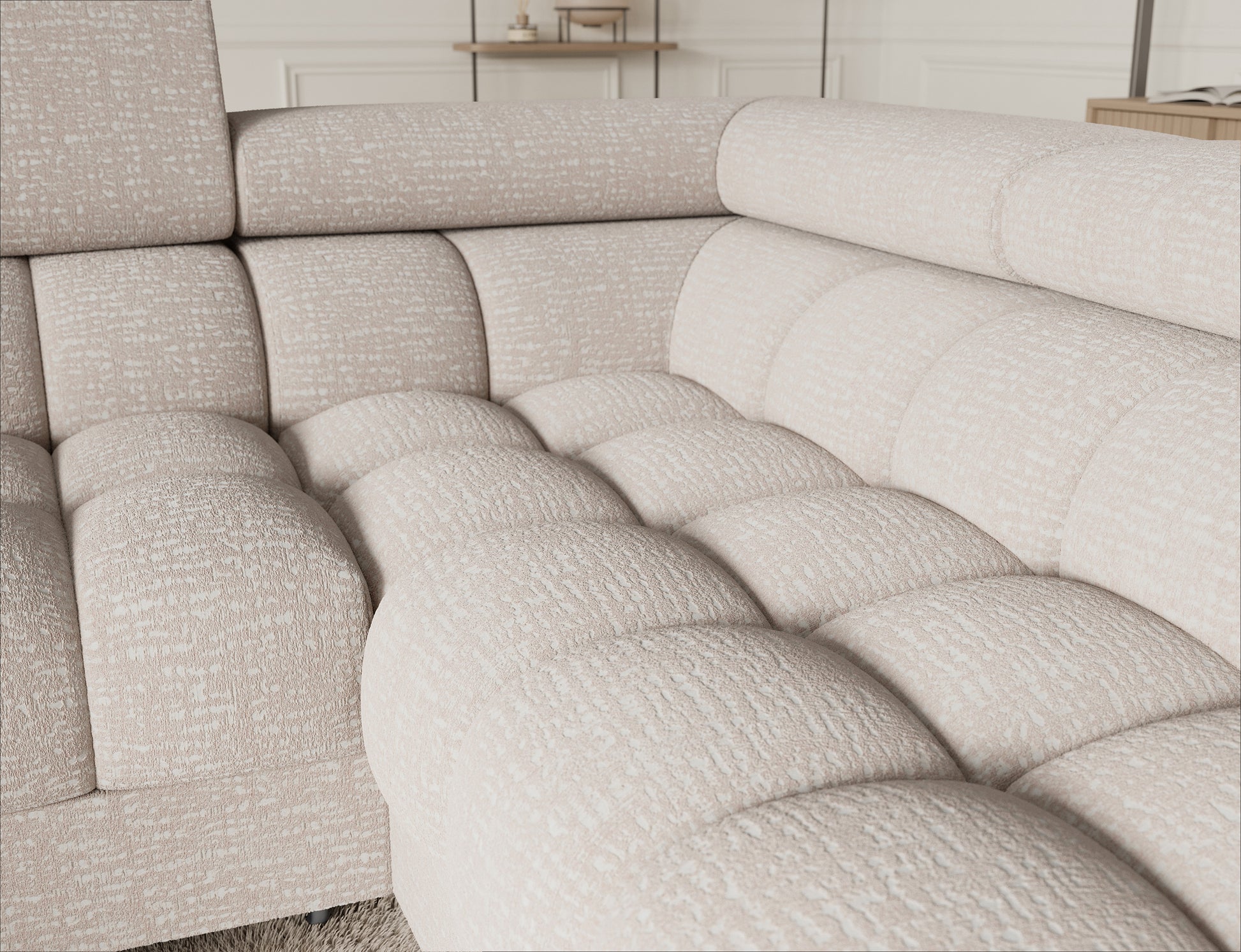 ELTAP narożnik Fectory prawy Baffix 20 beżowy – narożne siedzisko z głębokim pikowaniem, szerokie oparcie, wygodne strefy relaksu