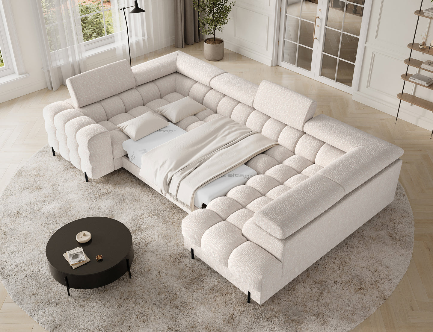 ELTAP narożnik Fectory prawy Baffix 20 beżowy – rozłożona funkcja spania, pikowane siedziska, regulowane zagłówki, ujęcie z góry w salonie