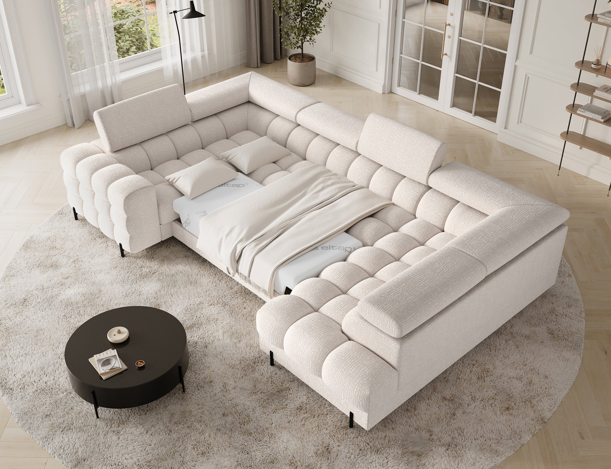 ELTAP narożnik Fectory prawy Baffix 20 beżowy – rozłożona funkcja spania, pikowane siedziska, regulowane zagłówki, ujęcie z góry w salonie