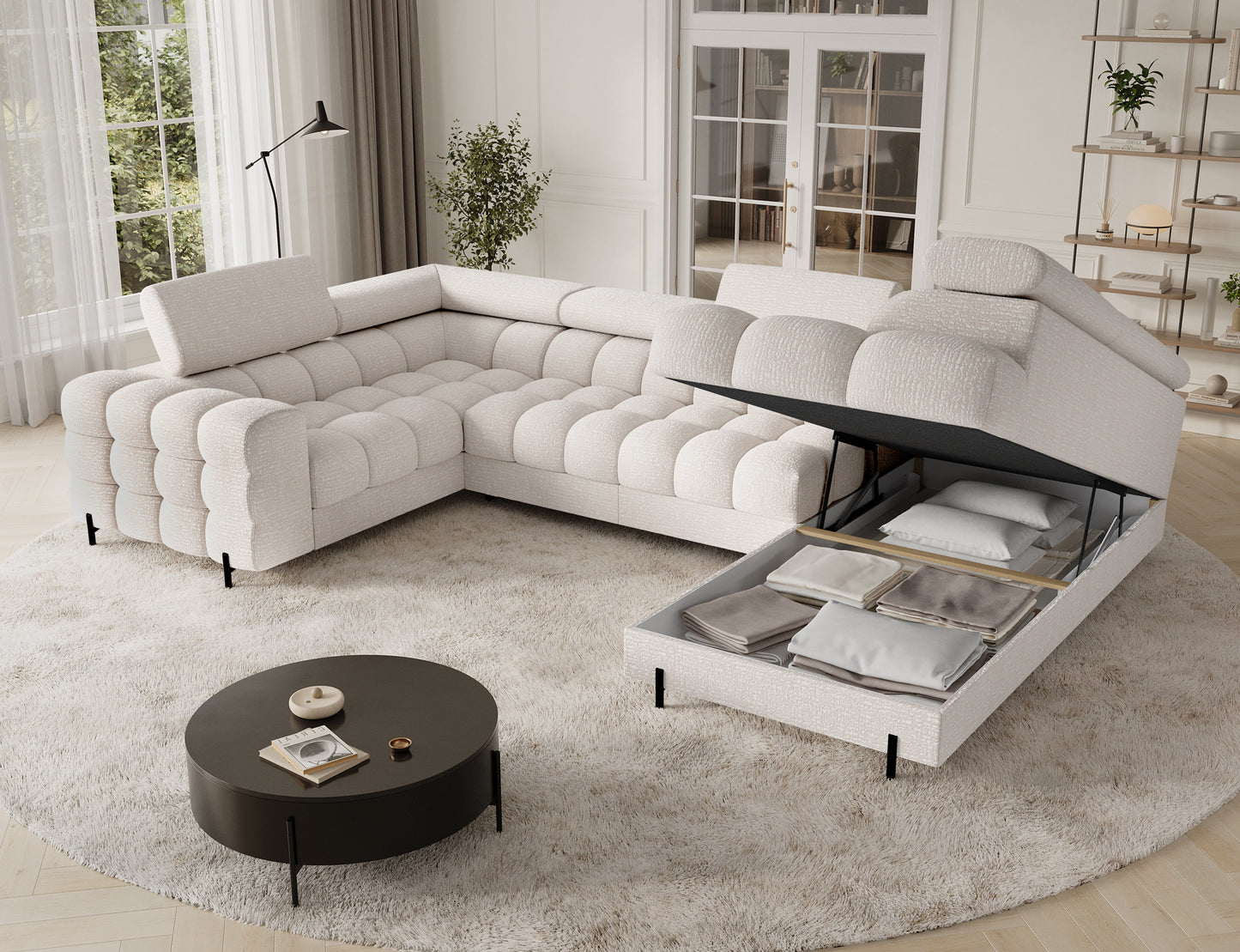 ELTAP narożnik Fectory prawy Baffix 20 beżowy – pojemnik na pościel w szezlongu, pikowane siedziska, regulowane zagłówki, aranżacja salonu