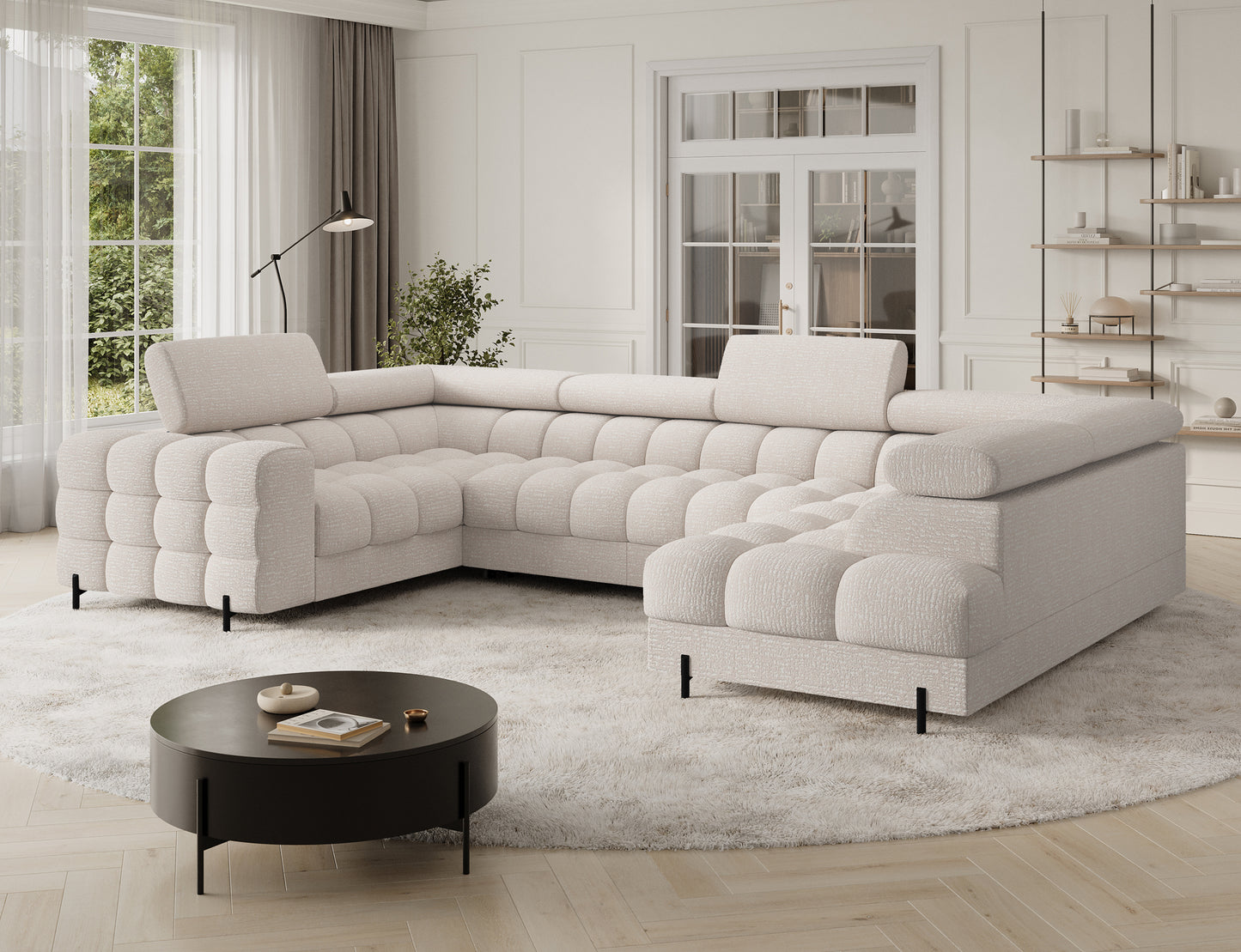 ELTAP narożnik Fectory prawy Baffix 20 beżowy – perspektywa skośna; pikowane siedziska, regulowany zagłówek, czarne nogi, duży salon