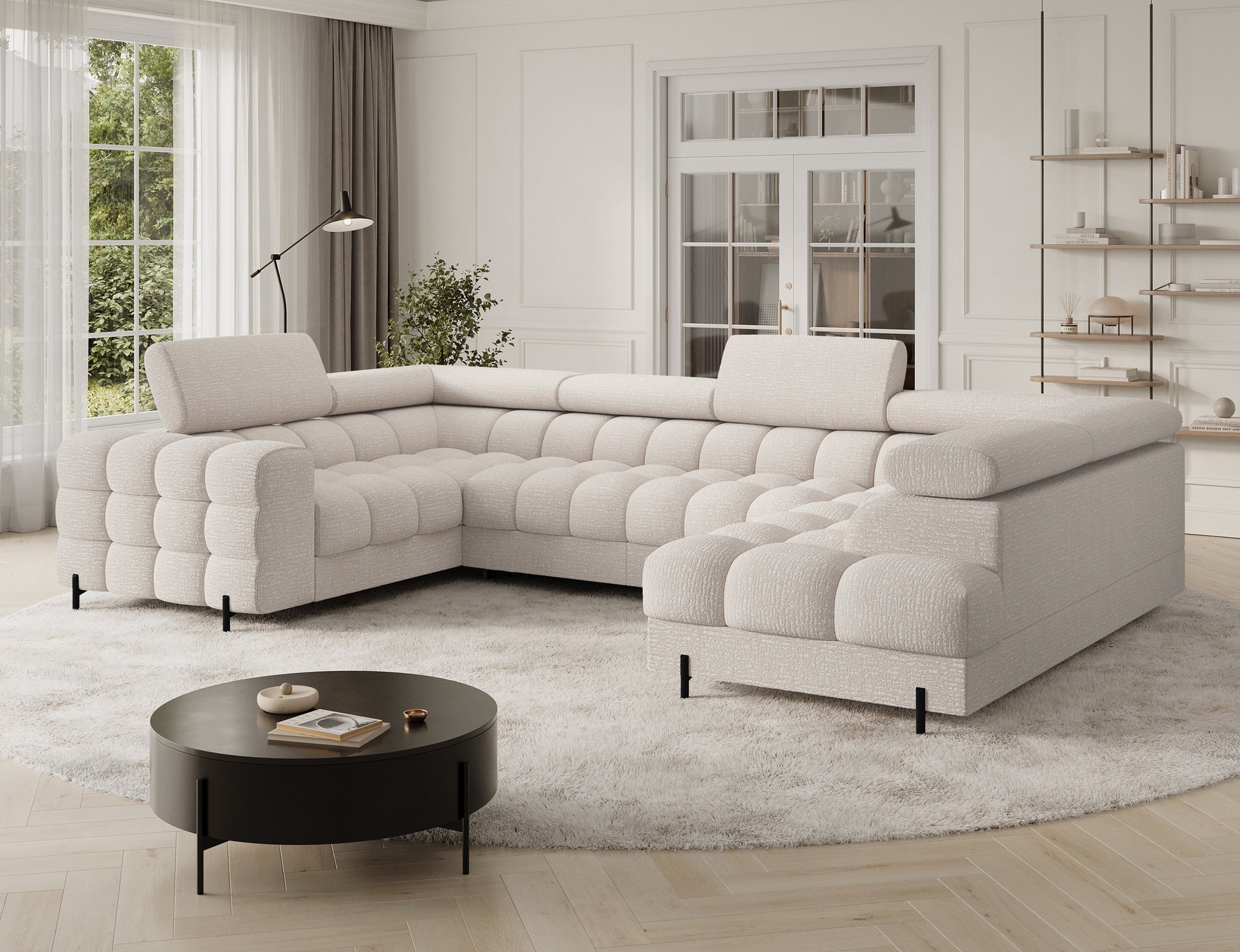 ELTAP narożnik Fectory prawy Baffix 20 beżowy – perspektywa skośna; pikowane siedziska, regulowany zagłówek, czarne nogi, duży salon