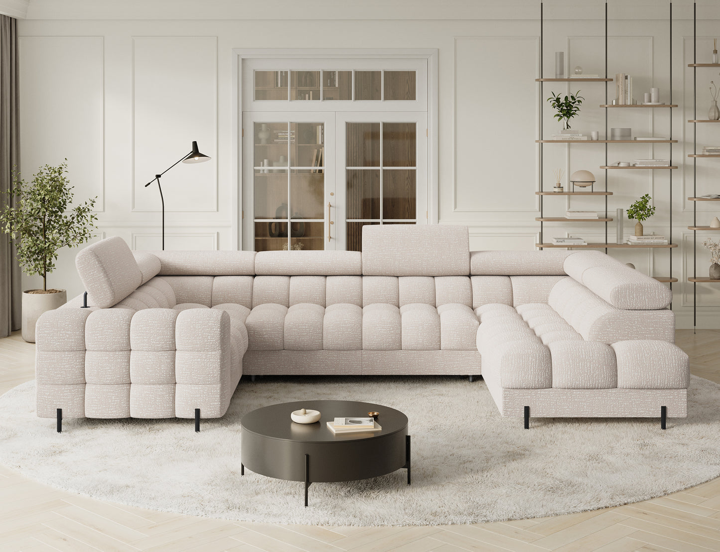 Narożnik ELTAP Fectory prawy Baffix 20 beżowy – nowoczesny U-kształt, głębokie pikowanie, wysoki komfort; widok od przodu na całość