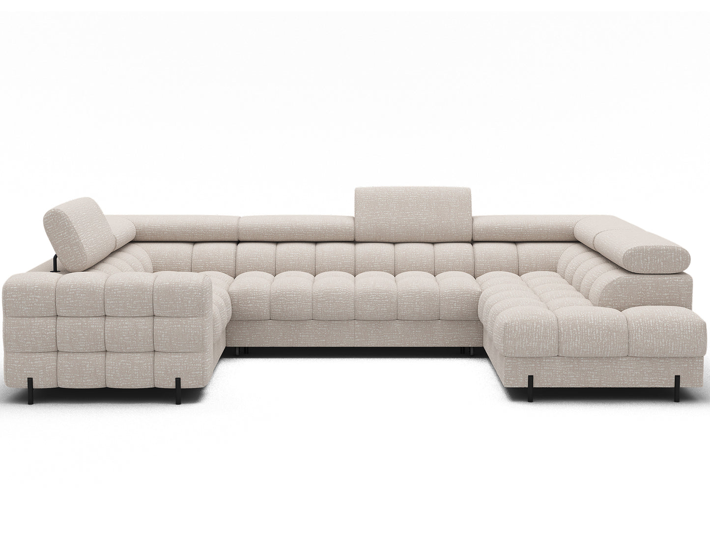 ELTAP narożnik Fectory prawy Baffix 20 beżowy – widok frontalny w aranżacji salonu; pikowane siedziska, regulowane zagłówki, czarne nogi