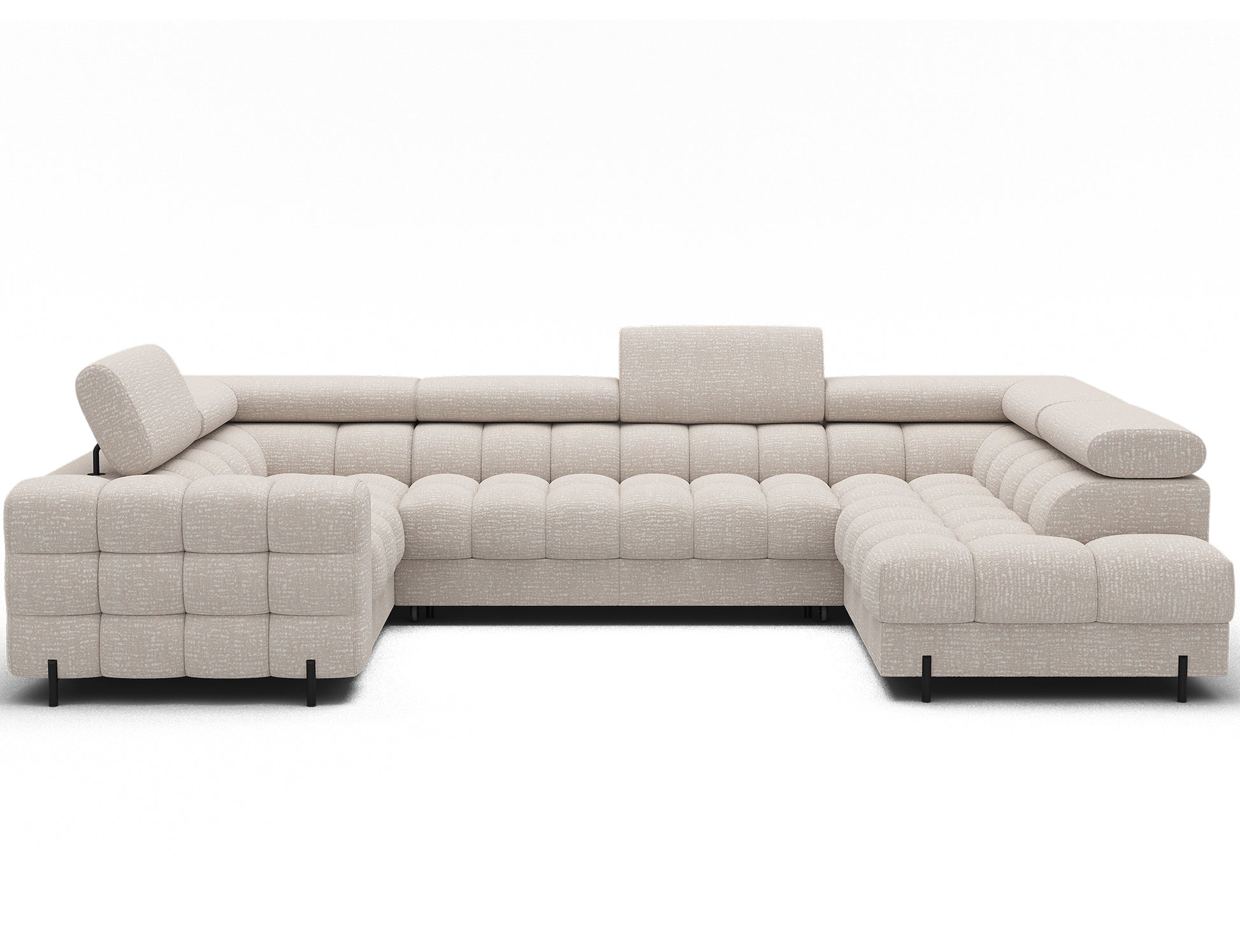 ELTAP narożnik Fectory prawy Baffix 20 beżowy – widok frontalny w aranżacji salonu; pikowane siedziska, regulowane zagłówki, czarne nogi