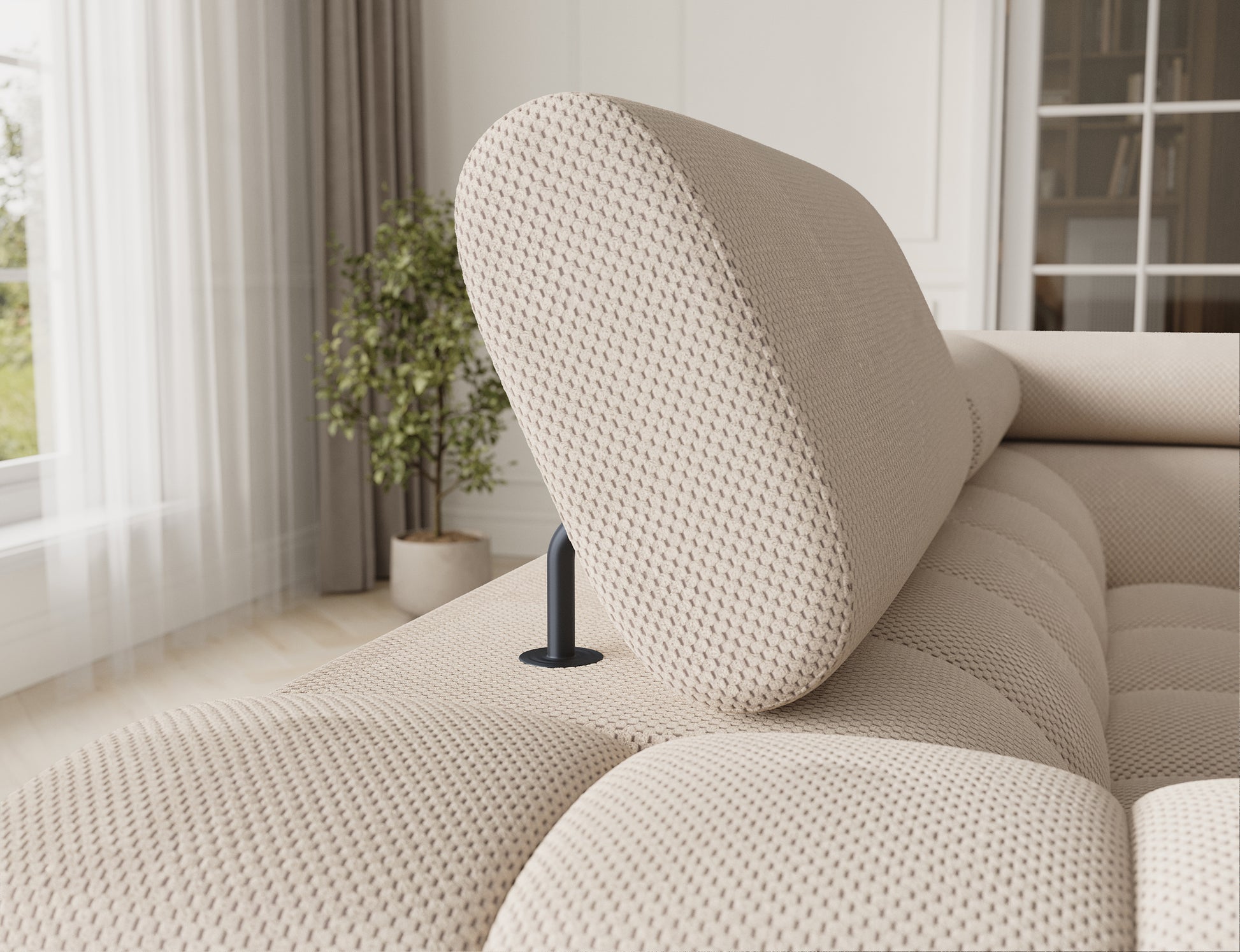 Regulowany zagłówek narożnika Fectory Calmora 18 beżowy – zbliżenie na mechanizm i fakturę tkaniny.