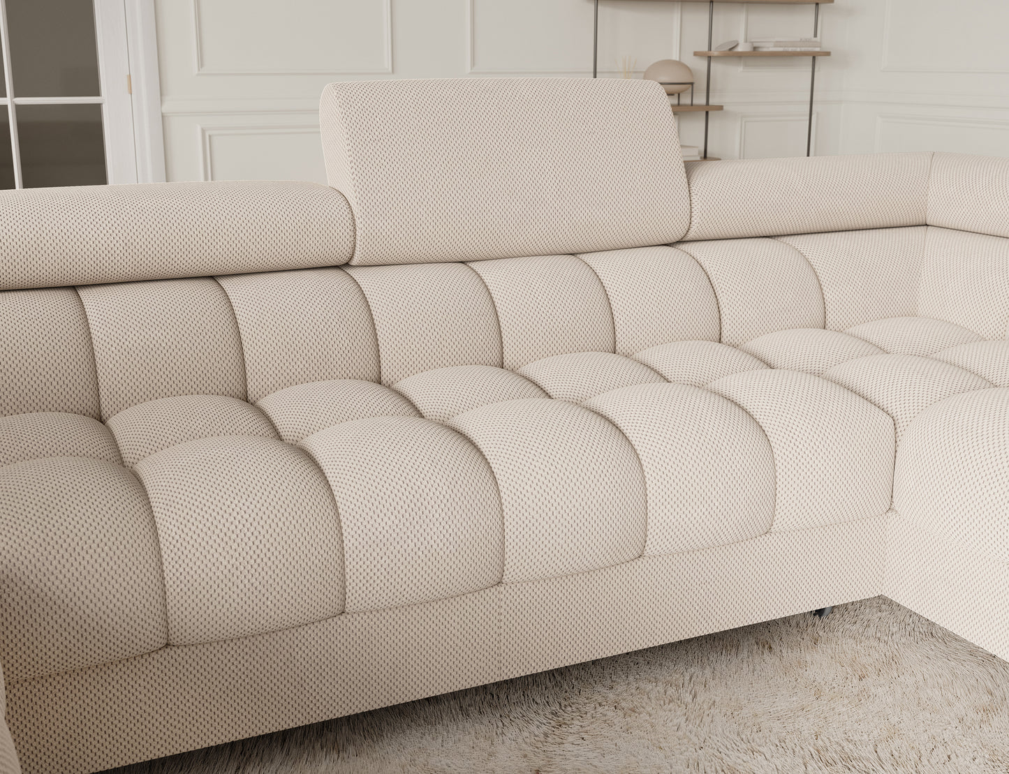 Tapicerowane oparcie narożnika Fectory Calmora 18 beżowy z zagłówkiem – pikowana powierzchnia i miękka forma.