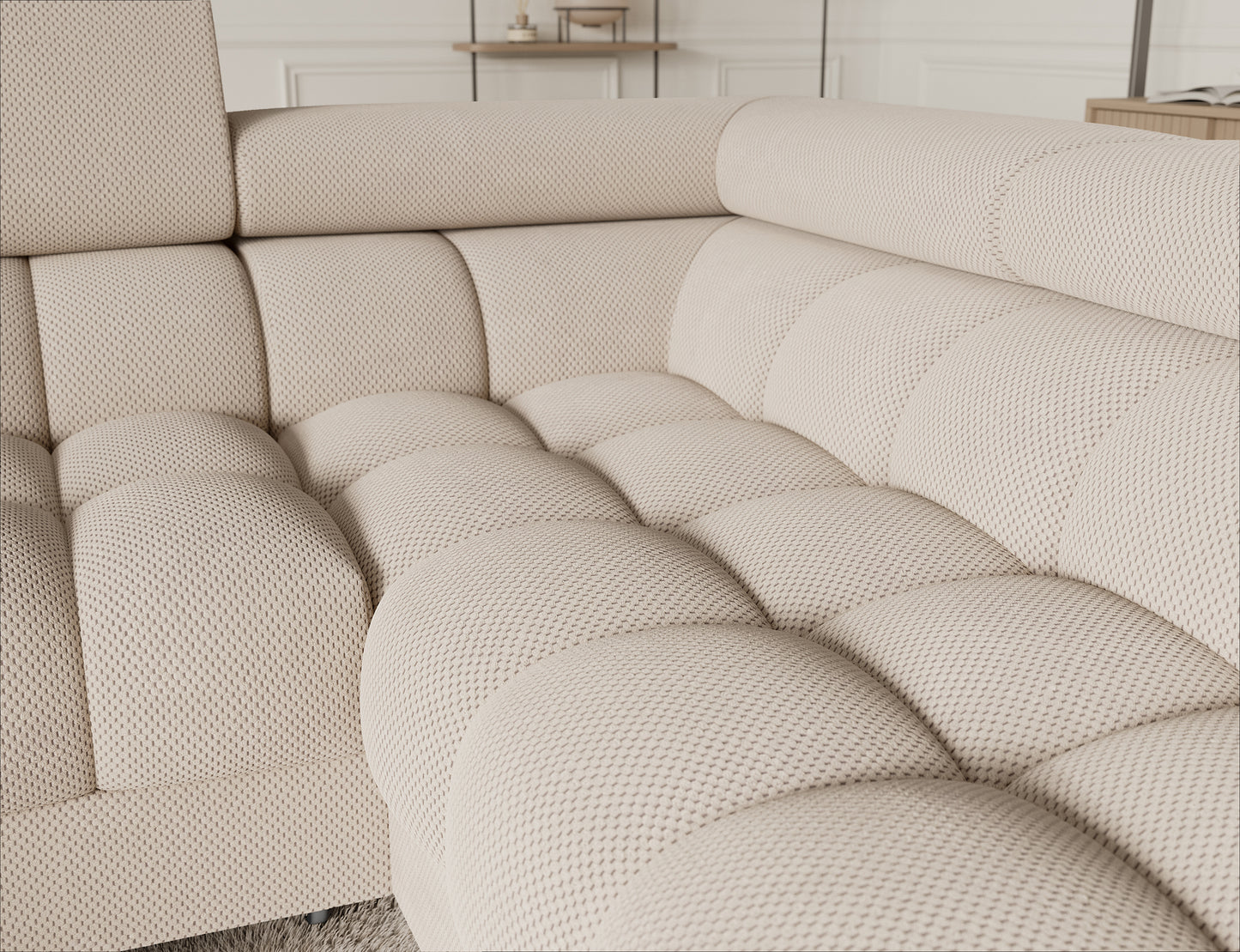 Zbliżenie na siedzisko narożnika Fectory Calmora 18 beżowy – miękkie pikowania i struktura tkaniny Calmora.