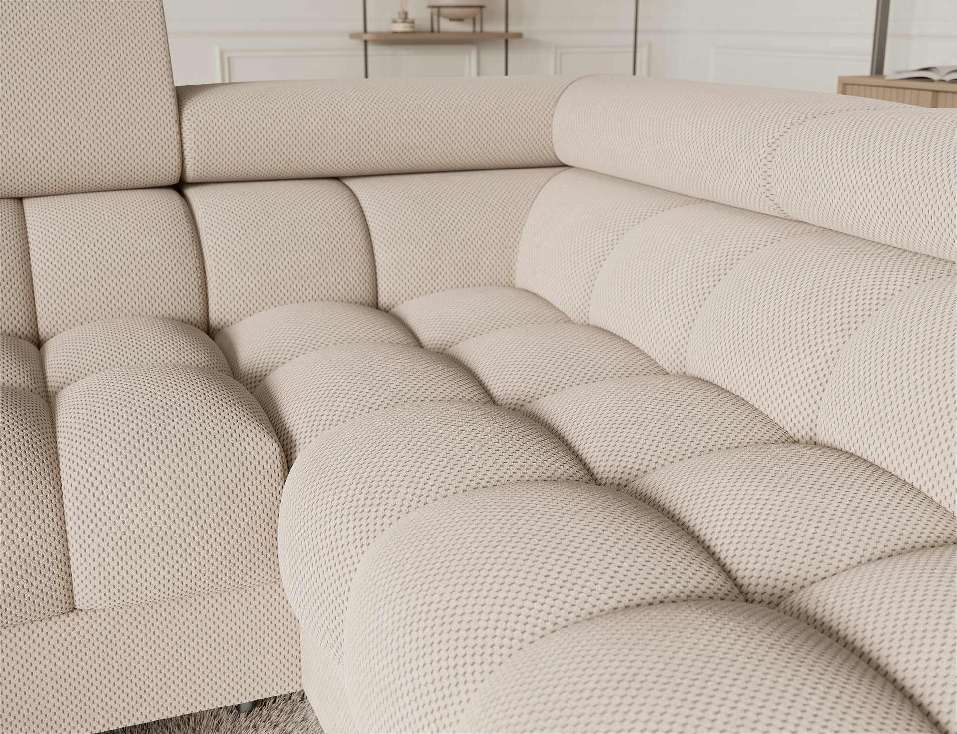 Zbliżenie na siedzisko narożnika Fectory Calmora 18 beżowy – miękkie pikowania i struktura tkaniny Calmora.