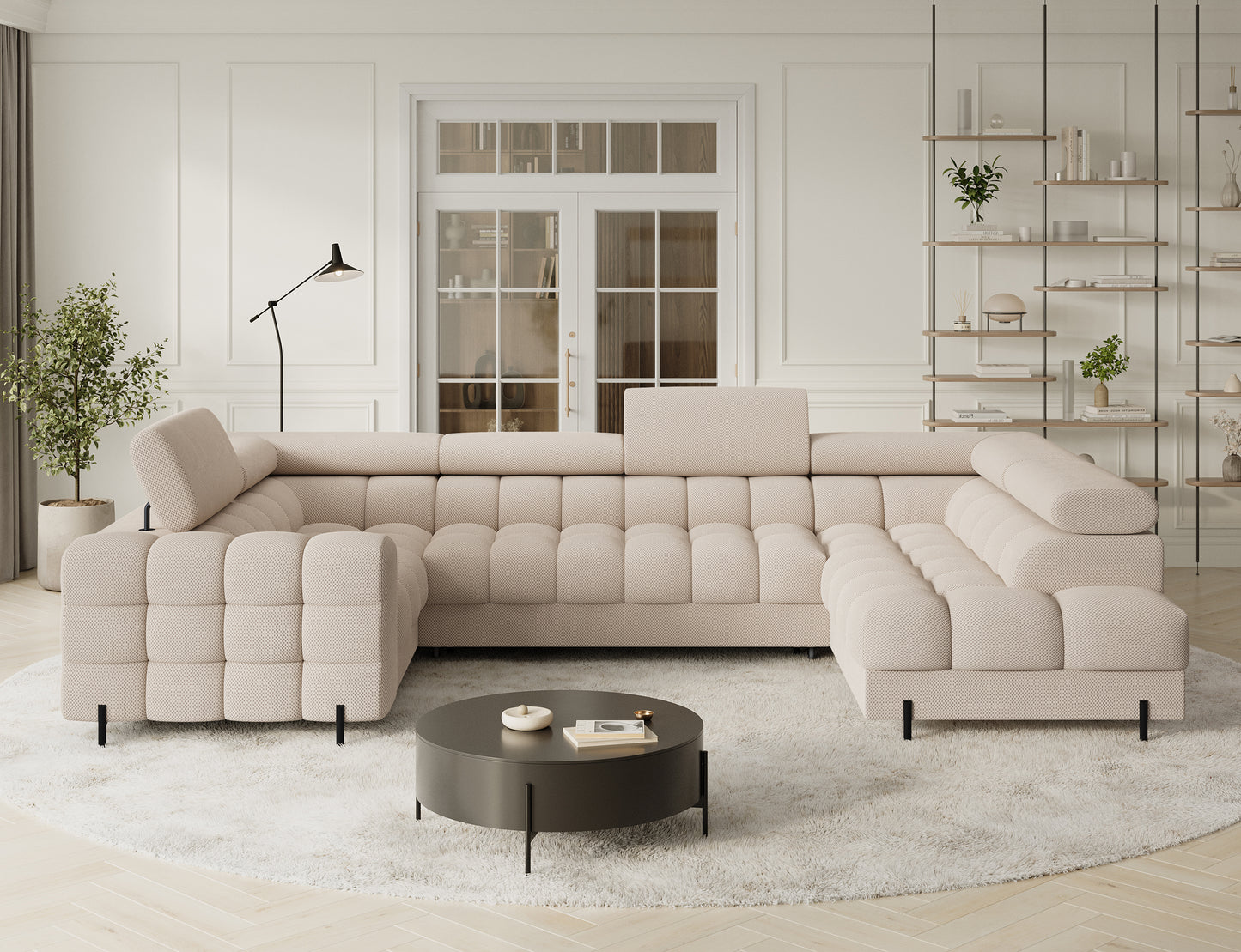 Rozkładany narożnik Fectory Calmora 18 beżowy w układzie U, z pikowanym siedziskiem i zagłówkami, widok na białym tle.