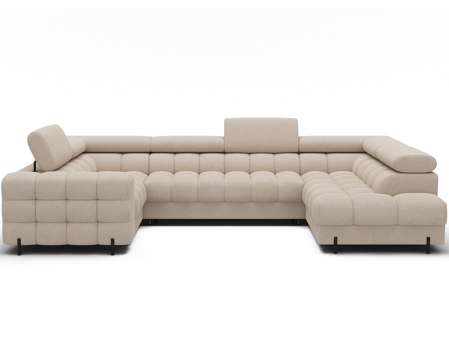 Narożnik do salonu Fectory Calmora 18 beżowy z funkcją spania i regulowanymi zagłówkami, ustawiony na jasnym dywanie w klasycznym wnętrzu.