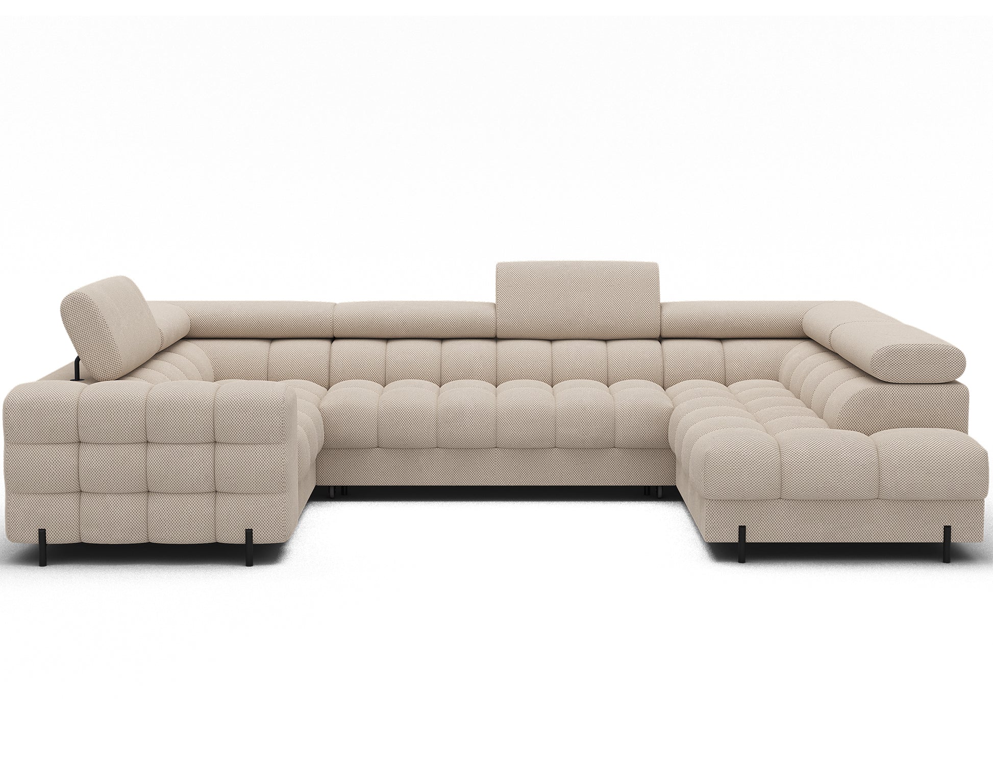 Narożnik do salonu Fectory Calmora 18 beżowy z funkcją spania i regulowanymi zagłówkami, ustawiony na jasnym dywanie w klasycznym wnętrzu.