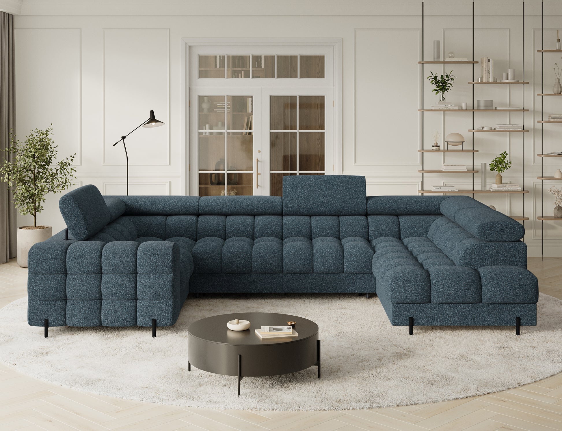 Narożnik Fectory w niebieskim odcieniu, z funkcjonalnymi zagłówkami i prostym designem, dopasowany do stylowych przestrzeni.