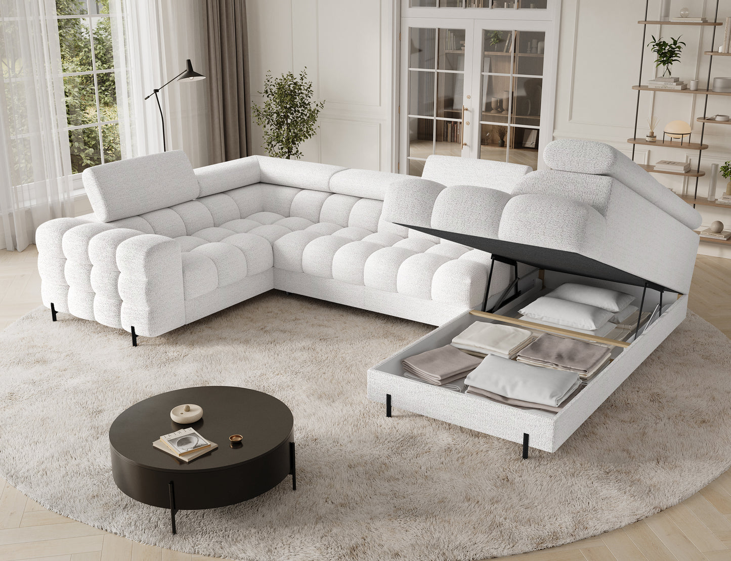 Narożnik Fectory prawy Royal01 biały z pojemnikiem na pościel; otwarty schowek, praktyczne miejsce, pikowania, metalowe nogi, elegancja