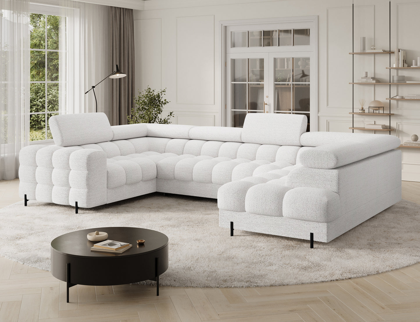 Narożnik Fectory prawy Royal01 biały, widok z boku - przestronny narożnik z funkcją spania i pojemnikiem na pościel.