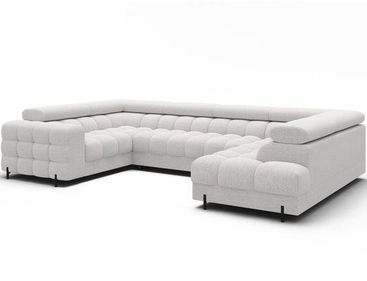 Narożnik Fectory prawy Royal01 biały, widok z boku - elegancki i nowoczesny design z regulowanymi zagłówkami.