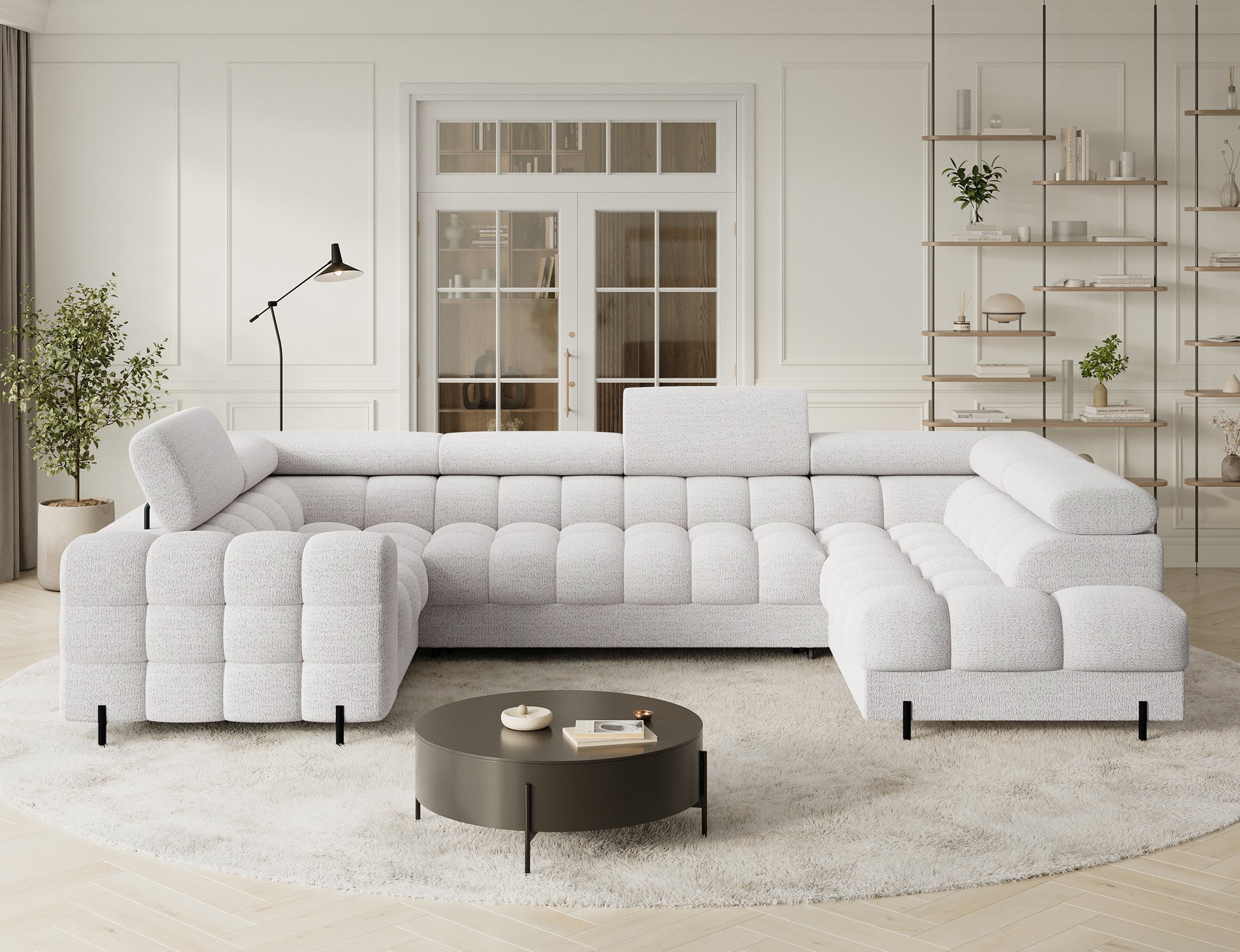 Narożnik Fectory prawy Royal01 biały, widok z przodu - komfortowy i funkcjonalny narożnik z nowoczesnym wykończeniem.