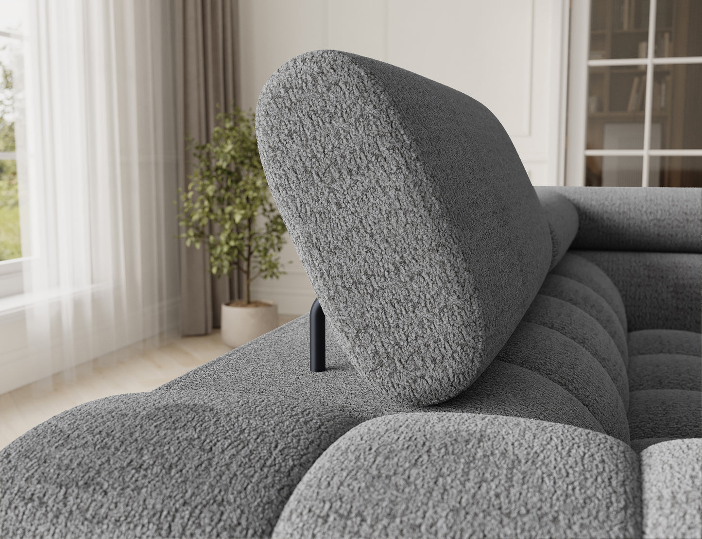 Szczegółowy widok na regulowany zagłówek narożnika Fectory w tkaninie Royal 03 jasnoszary, zbliżenie na detale