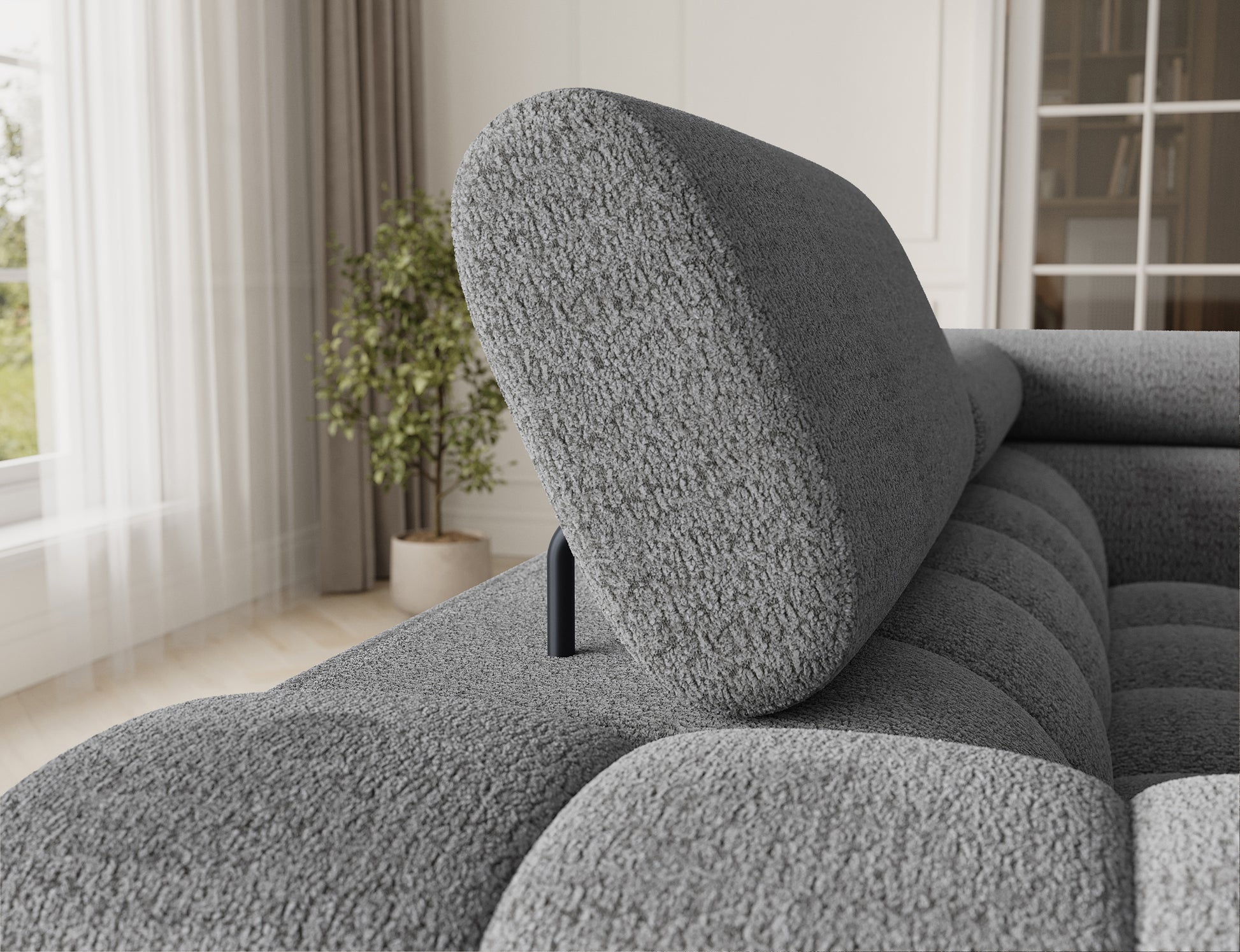 Szczegółowy widok na regulowany zagłówek narożnika Fectory w tkaninie Royal 03 jasnoszary, zbliżenie na detale