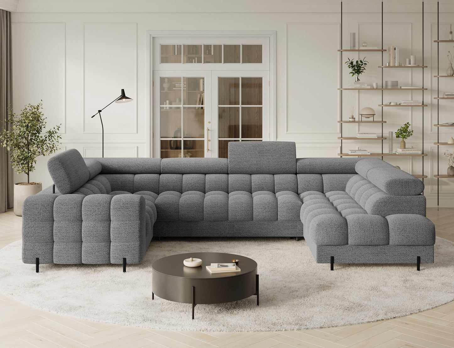 Narożnik Fectory prawy Royal 03 jasnoszary, widok frontalny, z funkcją spania i regulowanymi zagłówkami.