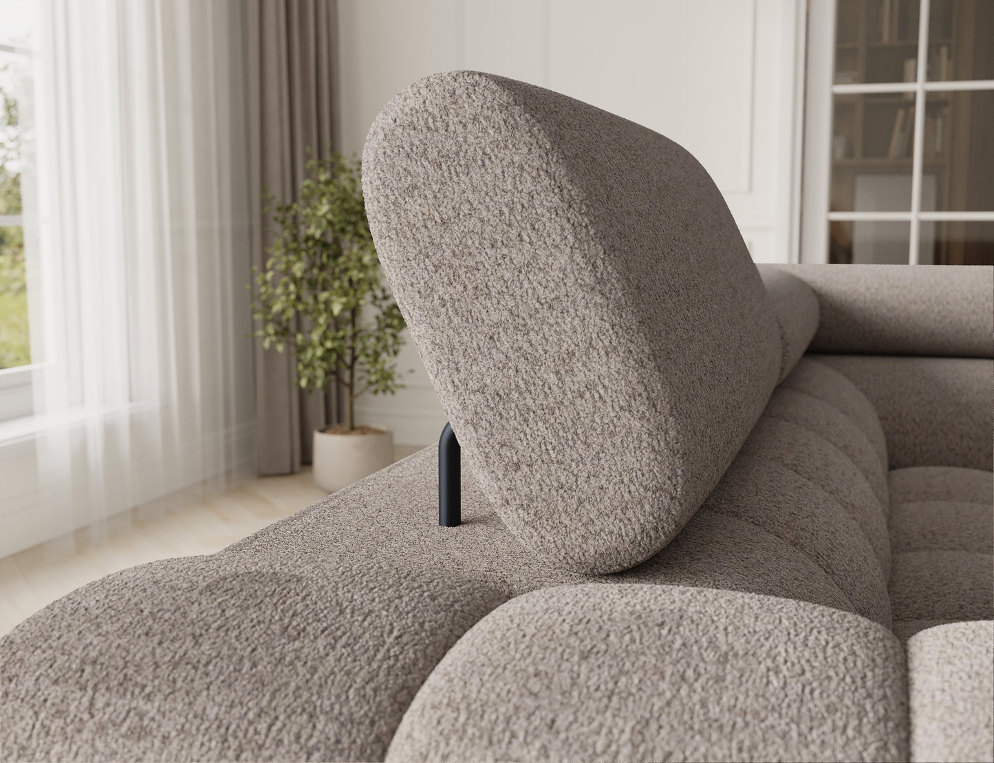 Wysoki widok na narożnik Fectory z prawą stroną, prezentujący regulowane zagłówki oraz strukturę tkaniny.