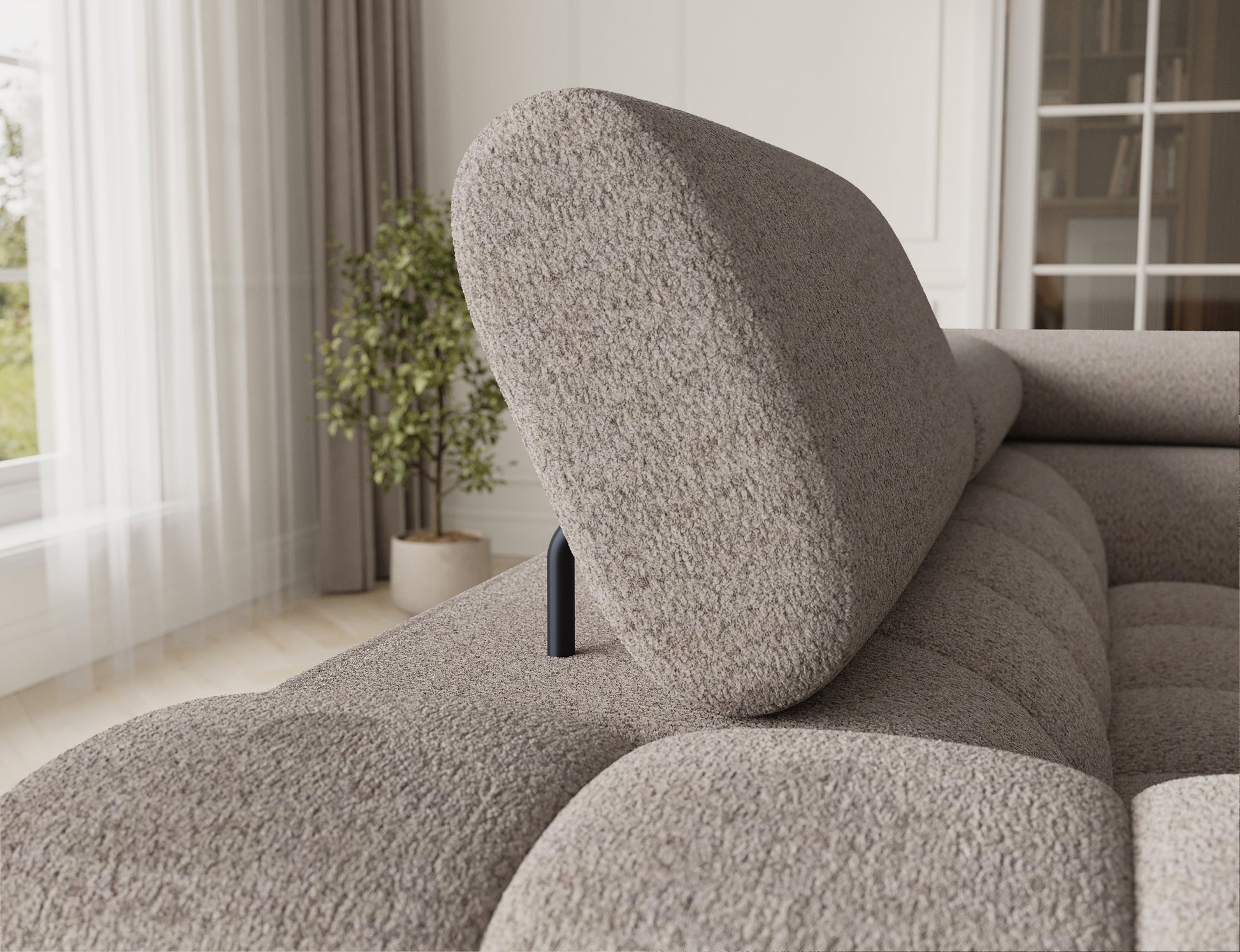 Wysoki widok na narożnik Fectory z prawą stroną, prezentujący regulowane zagłówki oraz strukturę tkaniny.