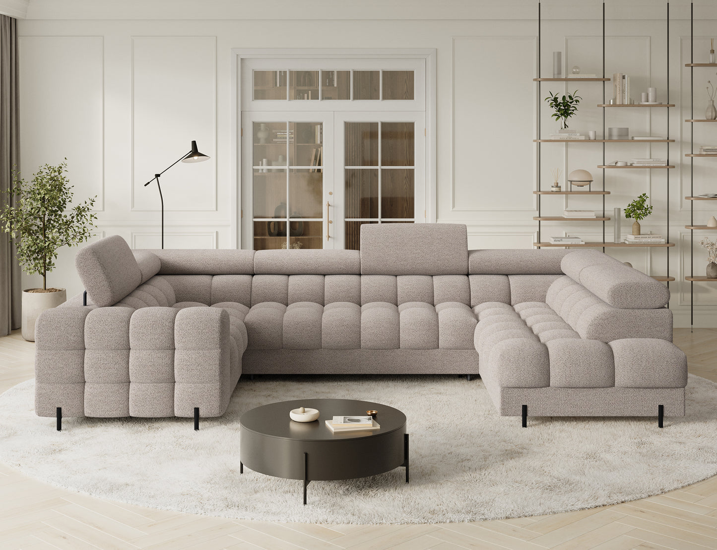 Prawy narożnik Fectory w odcieniu Royal 18 beżowym, ustawiony w jasnym salonie. Elegancka kompozycja z dużymi, komfortowymi poduszkami.