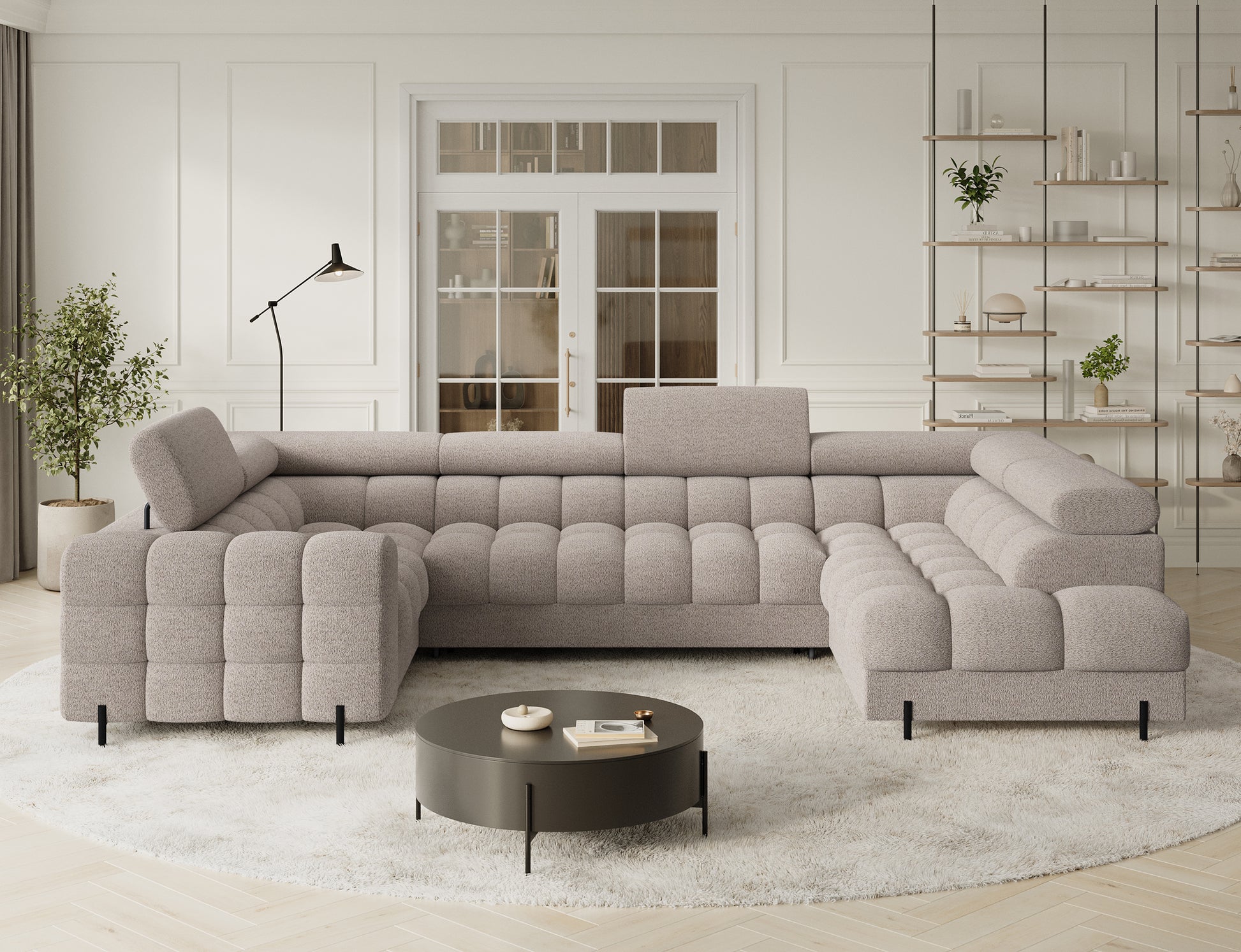 Prawy narożnik Fectory w odcieniu Royal 18 beżowym, ustawiony w jasnym salonie. Elegancka kompozycja z dużymi, komfortowymi poduszkami.