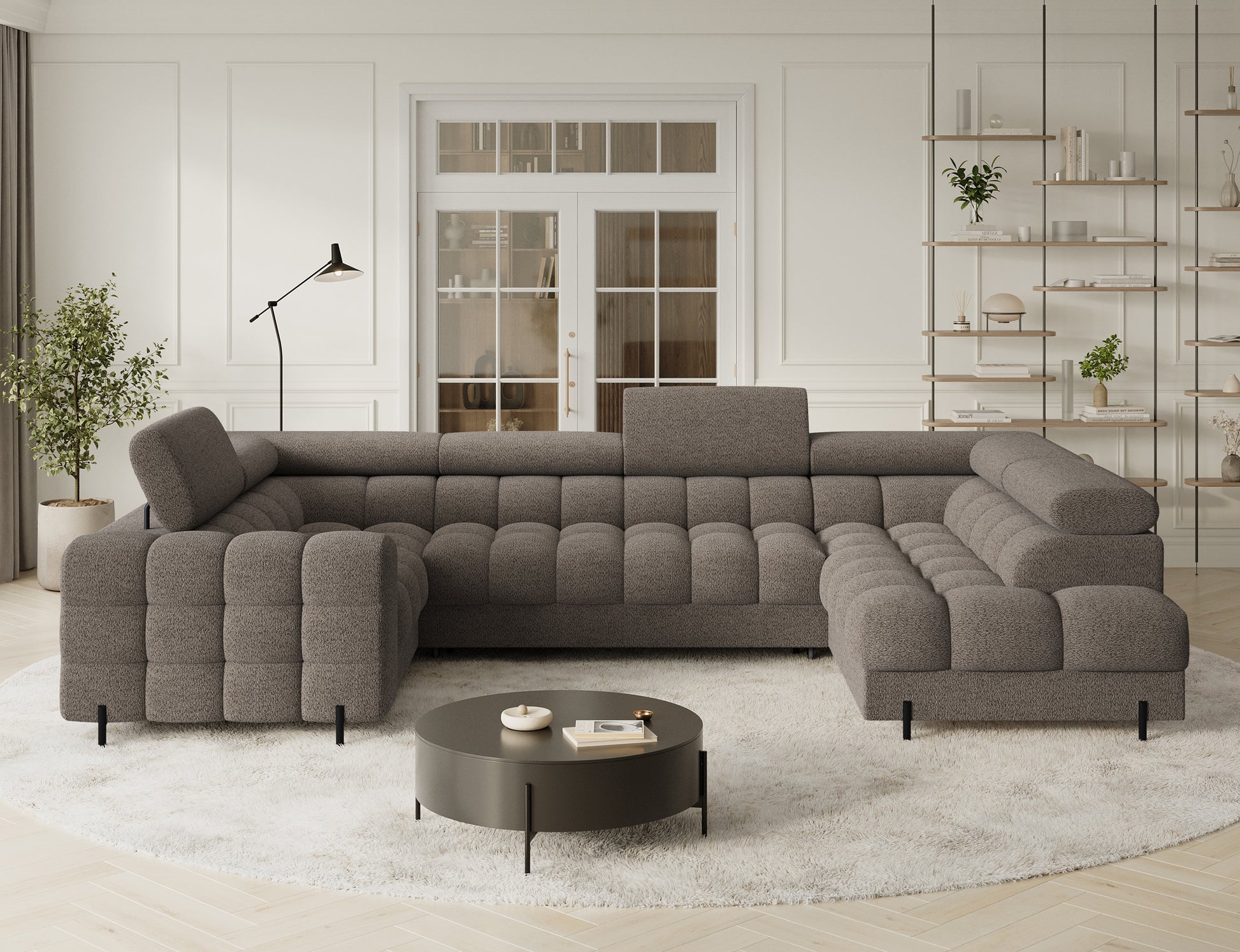 Narożnik Fectory w ciemnobezowym odcieniu, widok z boku, z minimalistycznymi podłokietnikami i prostym kształtem, doskonały do współczesnych wnętrz.