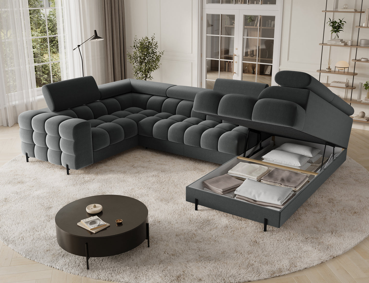 Praktyczny narożnik w szarej tkaninie Sola 06 z pojemnikiem na pościel, idealny do przechowywania.