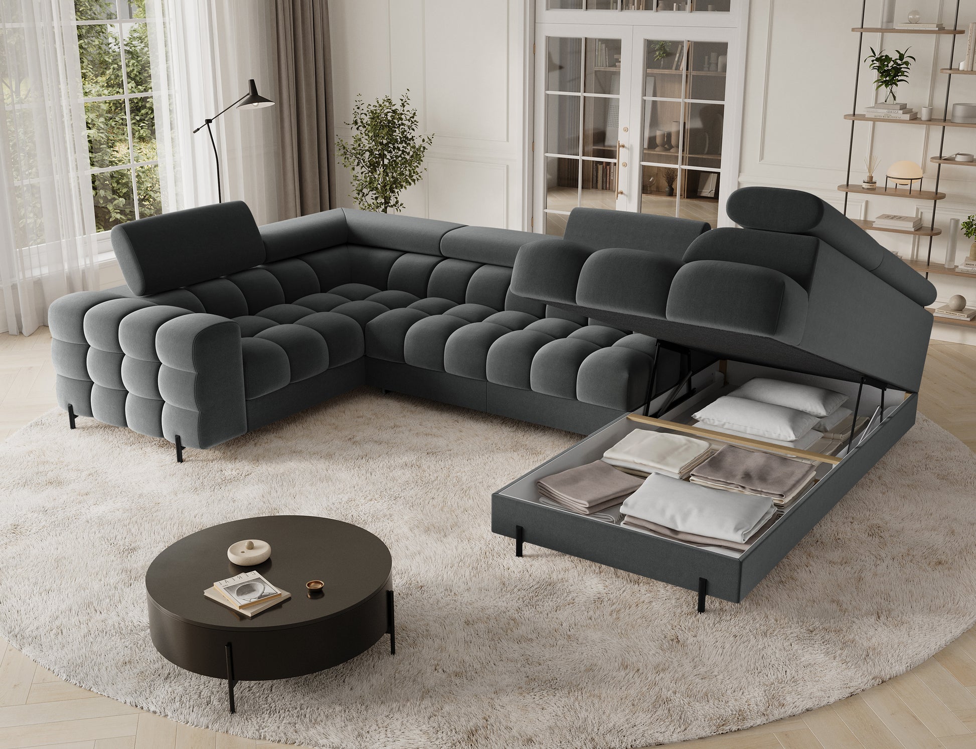 Praktyczny narożnik w szarej tkaninie Sola 06 z pojemnikiem na pościel, idealny do przechowywania.