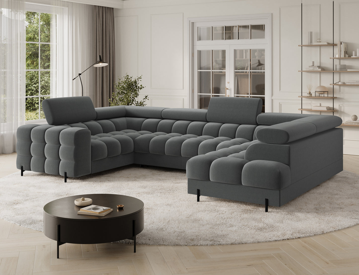 Szary narożnik Fectory z funkcją spania i pojemnikiem, zaprojektowany z myślą o maksymalnym komforcie.