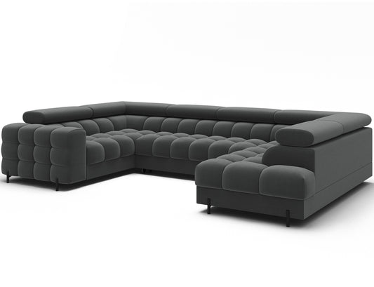 Nowoczesny narożnik w szarej tkaninie Sola 06 z zaokrąglonymi krawędziami i subtelnymi metalowymi nogami.