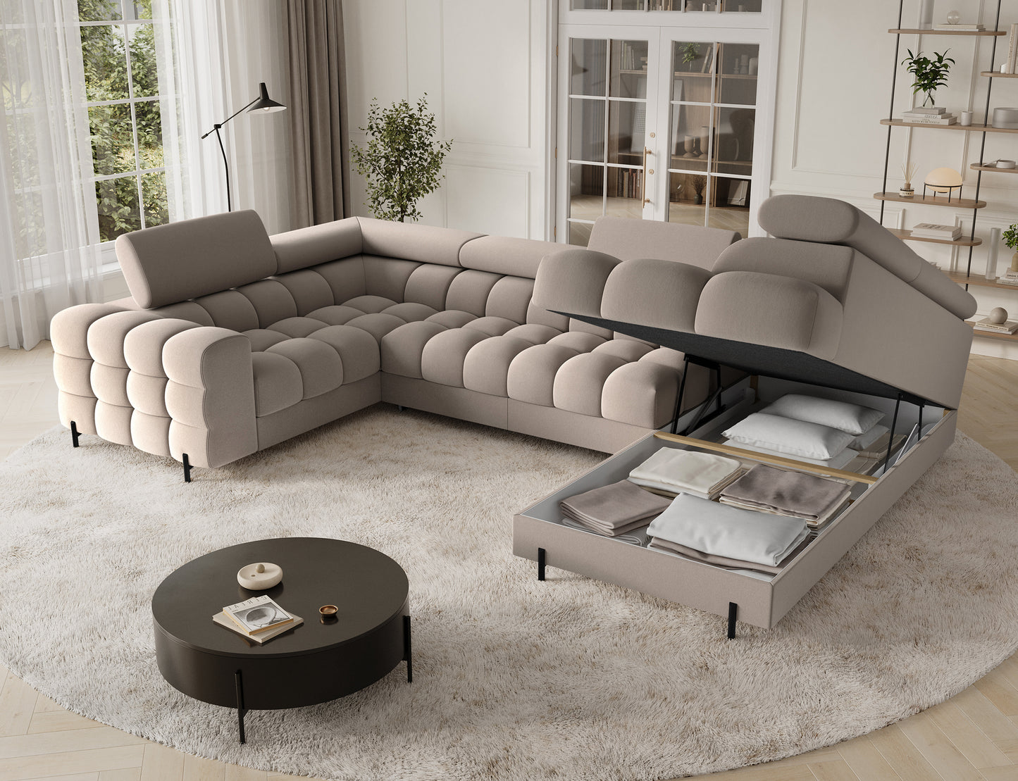 Narożnik Fectory z pojemnikiem na pościel w kolorze beżowym. Funkcjonalny, z miejscem do przechowywania, perfekcyjny do salonu.