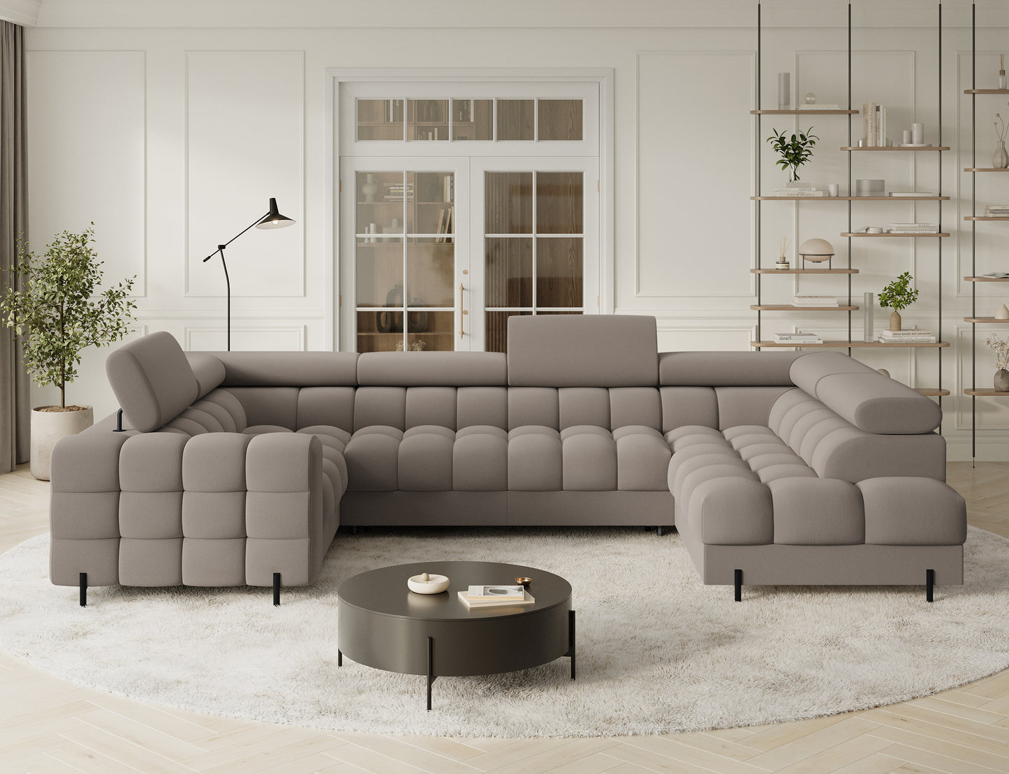 Stylowy narożnik w odcieniu beżowym, komfortowy i przestronny, doskonały wybór do salonu z nowoczesnym charakterem.