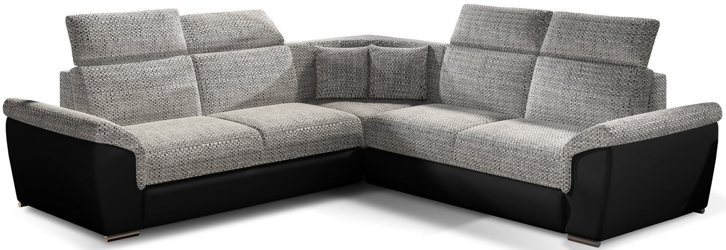 Narożnik Federico w tkaninie Berlin 01 szary z dodatkami Soft 11 czarny, układ uniwersalny, widok frontowy