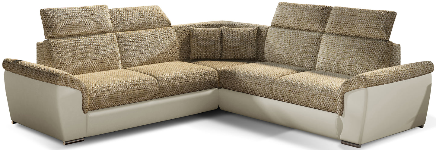 Narożnik Federico w tkaninie Berlin 03 beżowy z dołem Soft 33 beżowy, układ uniwersalny, widok frontowy.