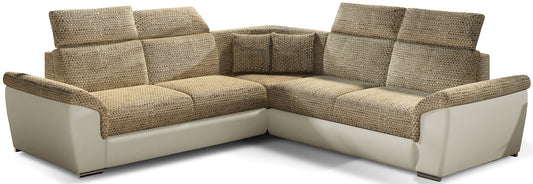 Narożnik Federico w tkaninie Berlin 03 beżowy z dołem Soft 33 beżowy, układ uniwersalny, widok frontowy.