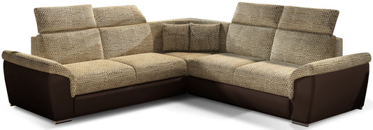 Narożnik Federico w tkaninie Berlin 03 beżowy z dołem Soft 66 brązowy, układ uniwersalny, widok frontowy.